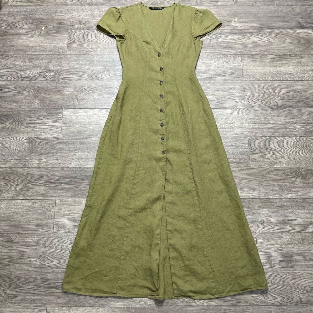 Zara 100% Linen Button Front Down Long Flowing Dress Size XS Green